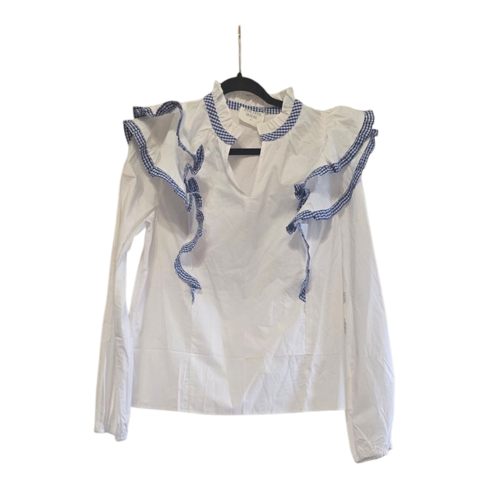 Blue and White Ruffled Mandarin Collar Blouse